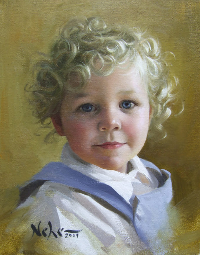 A portrait of a child with curly, blonde hair