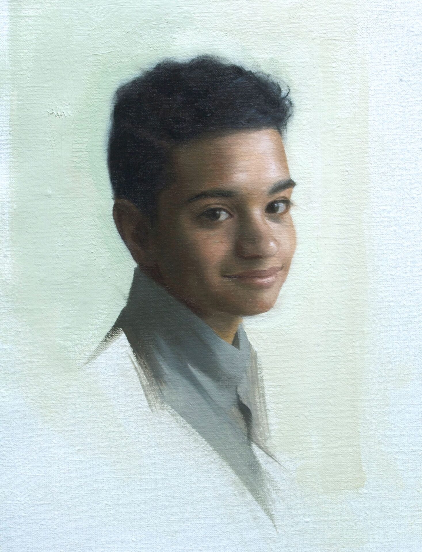 A painting of a young man in white shirt.