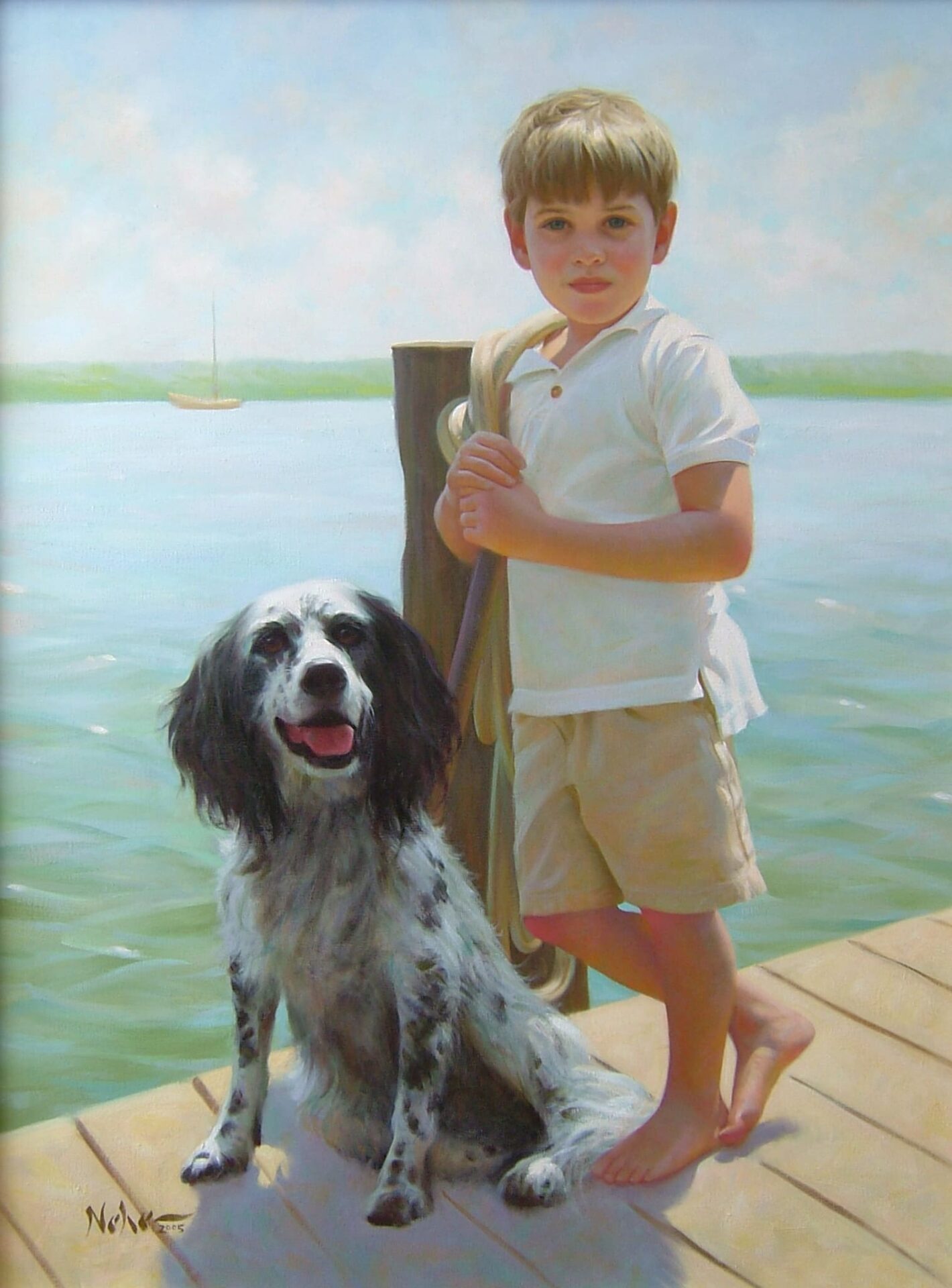 A portrait painting of Rowdy and his dog
