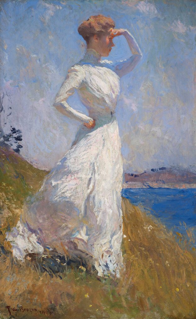 Woman in white dress standing outside in sunlight.