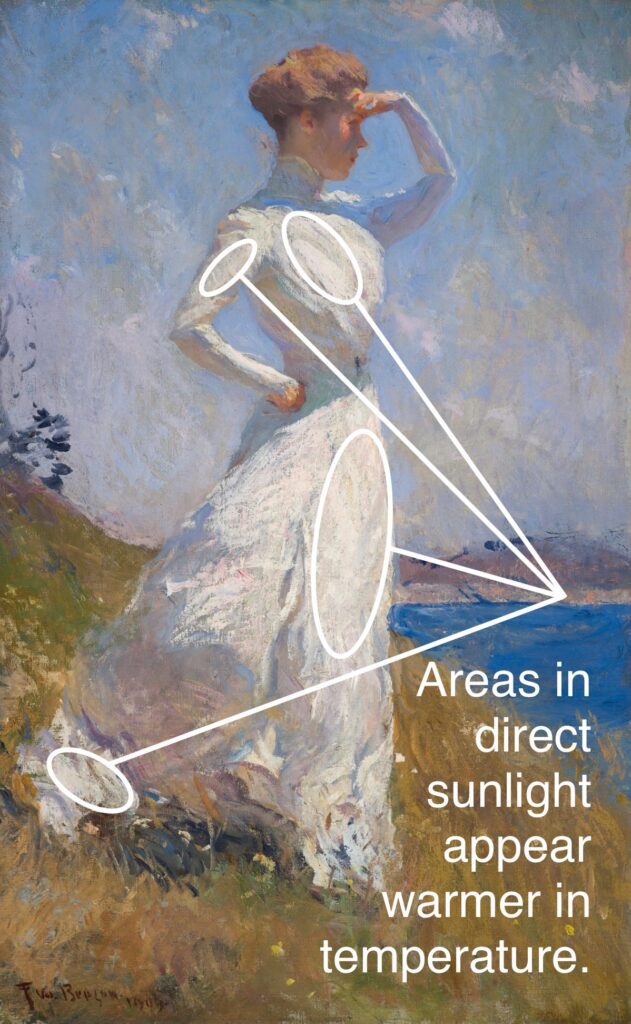 Woman in white dress standing outside in direct sunlight.