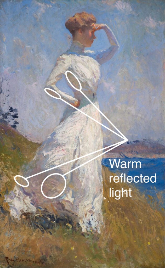 Woman in white dress standing outside in sunlight with warm reflected light.