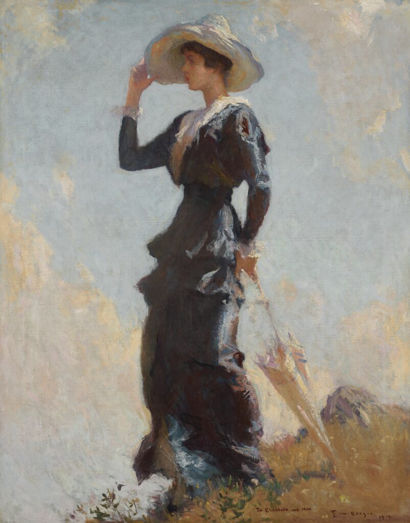 Woman in black dress standing outdoors with clouds in background.