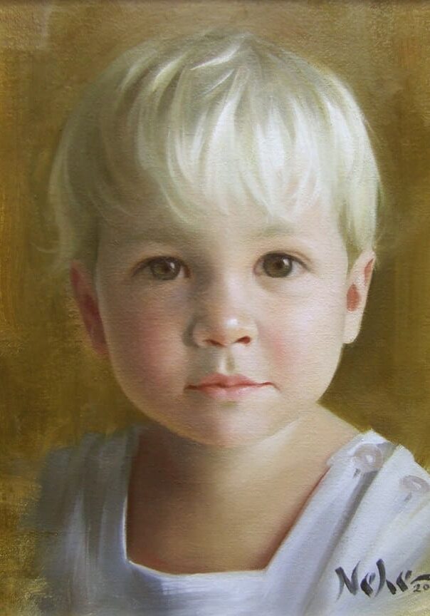 A painting of a young boy with blonde hair.