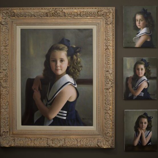 A picture of a girl in a dress and bow.