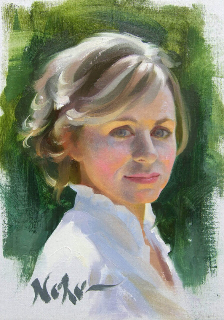 A painting of a woman in white shirt