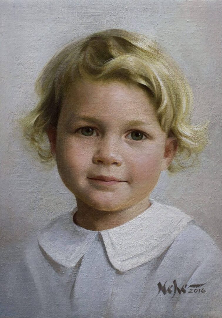 A young girl with blonde hair and white shirt.