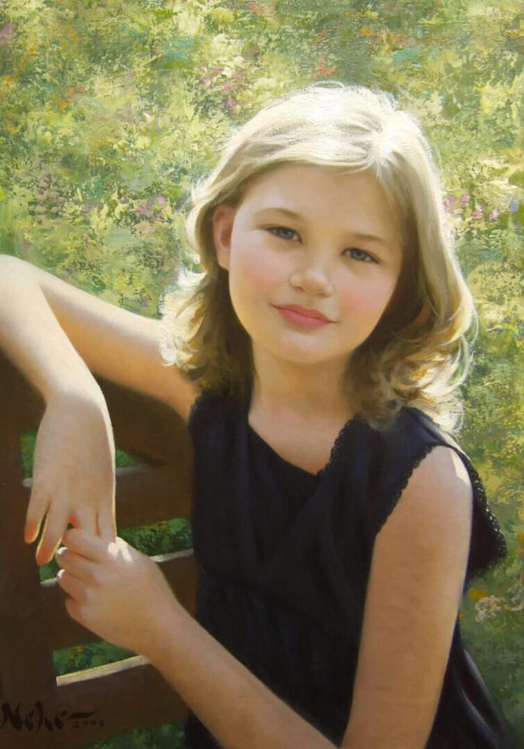 A young girl sitting on top of a wooden bench.