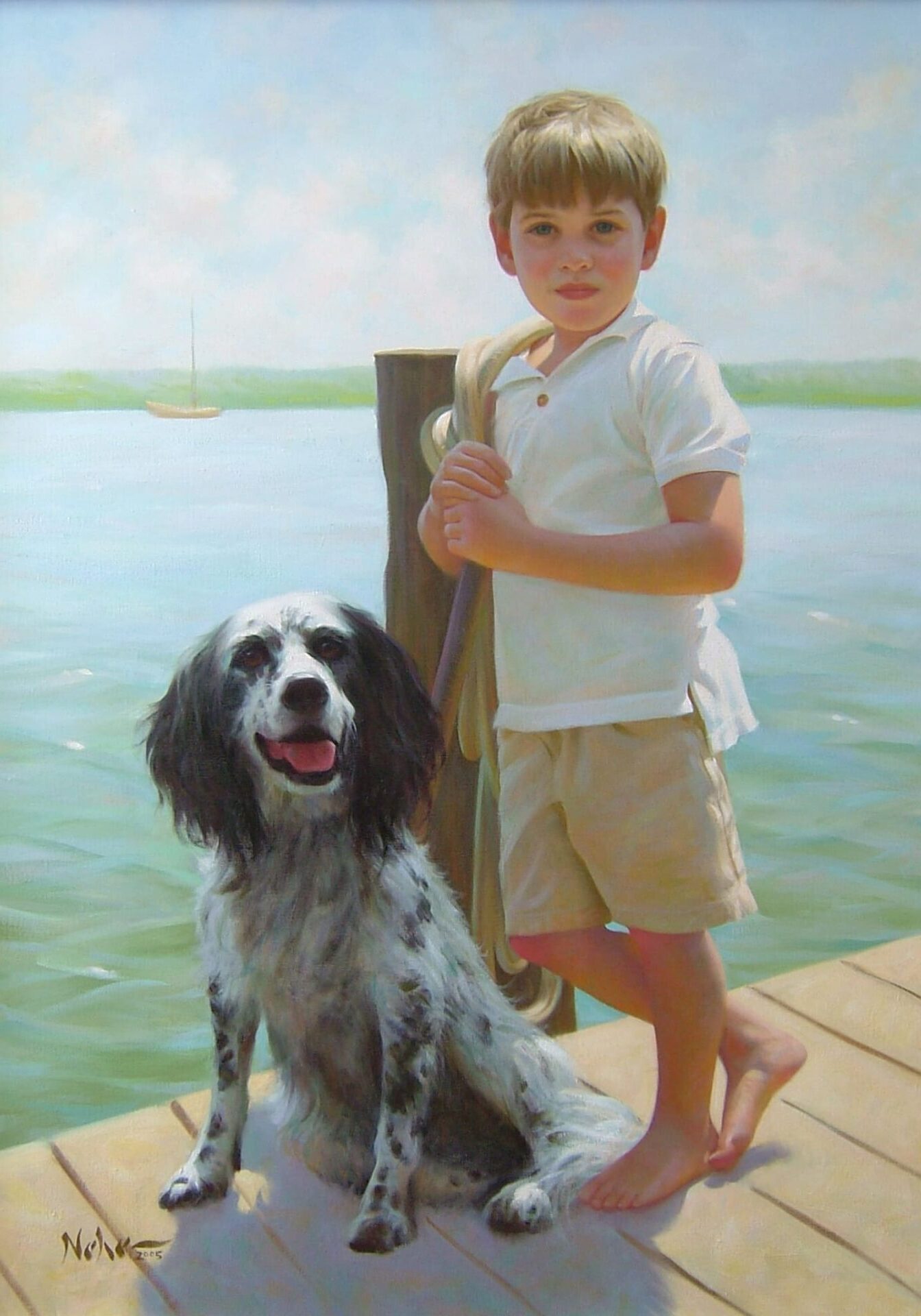 A painting of a boy and his dog